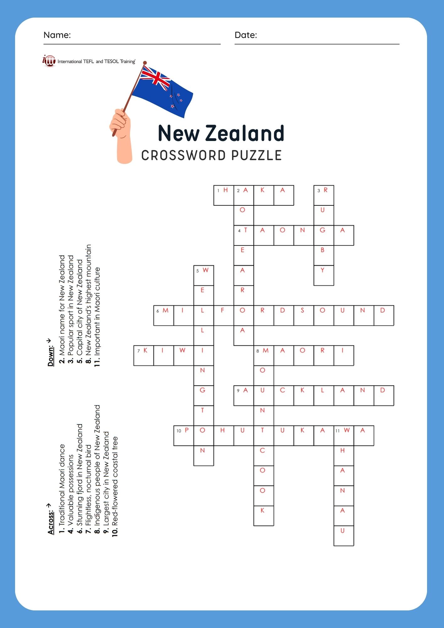 EFL New Zealand Vocabulary Crossword Puzzle ️ ️ ️ ITTT